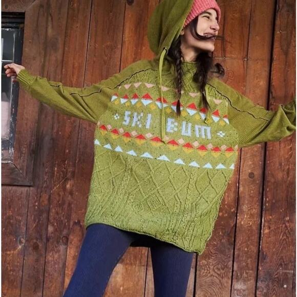 Free People Powder Bunny Sweater Ski Bum Fair Isle Chunky Knit Hooded Oversized - Picture 1 of 14